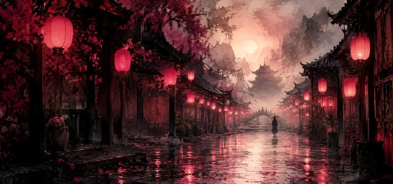 赤灯街的第七间铺子 主视觉插画，龙焰红白阅读风格
