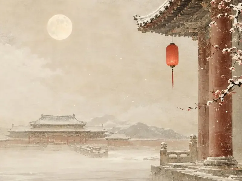 古风宫廷题材插画，灯、信、宫墙与一场未化的雪